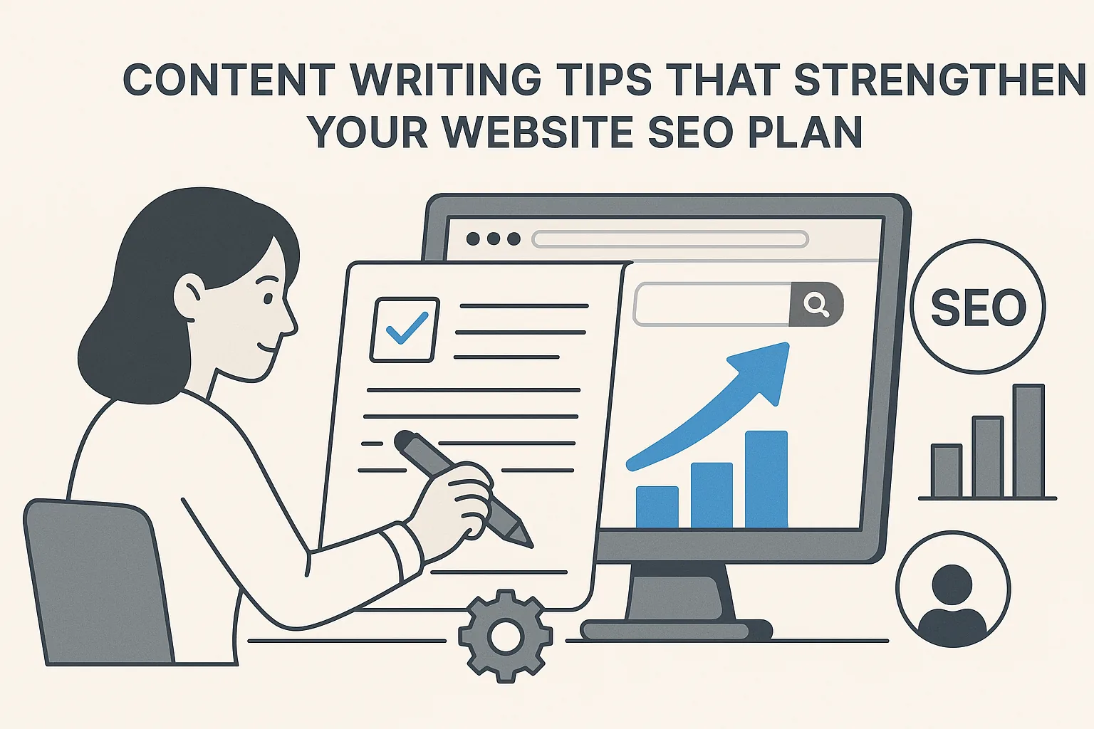 Featured image showing "content writing" for the article "Content Writing Tips That Strengthen Your Website SEO Plan"