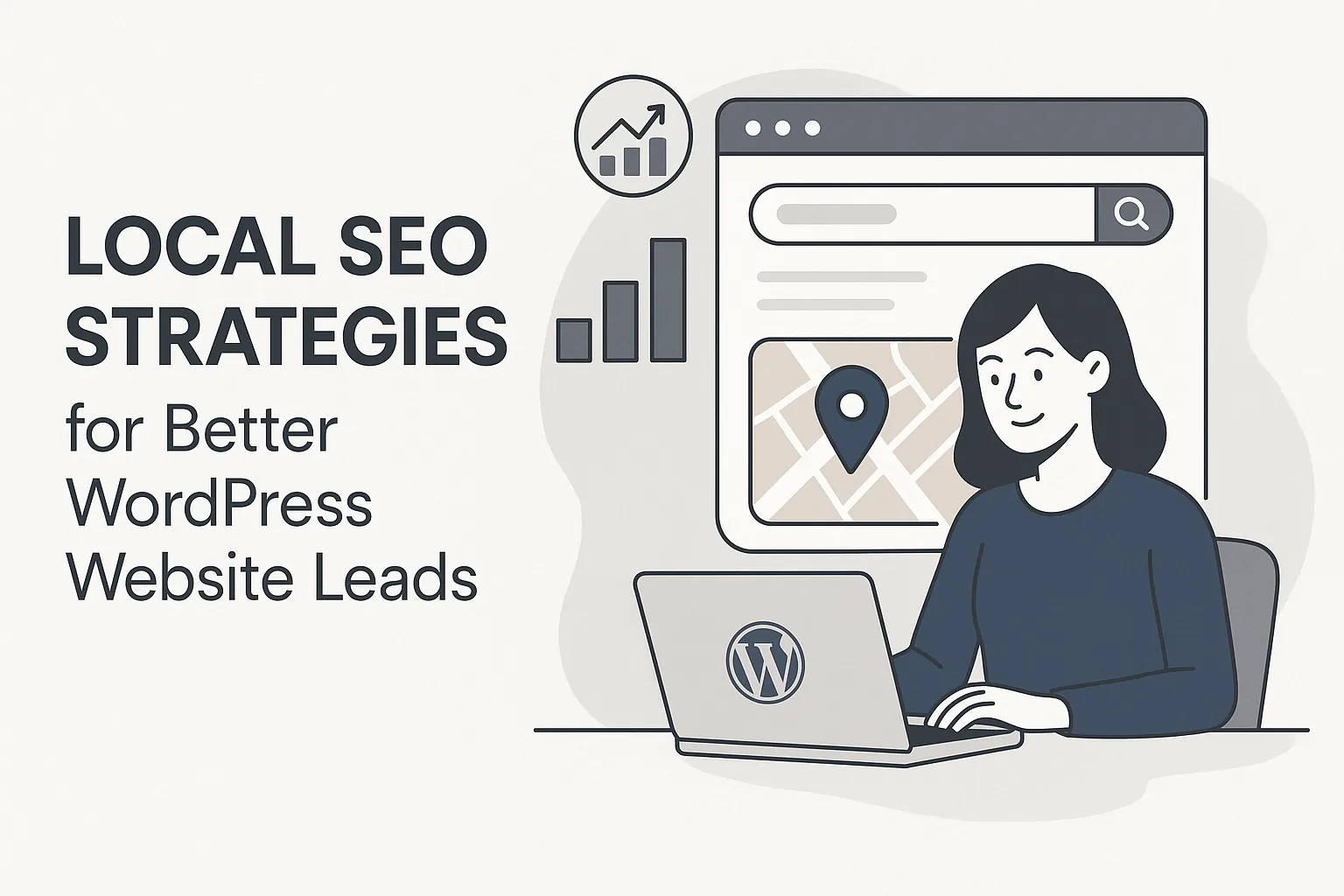Featured image showing "local seo" for the article "Local SEO Strategies for Better WordPress Website Leads"